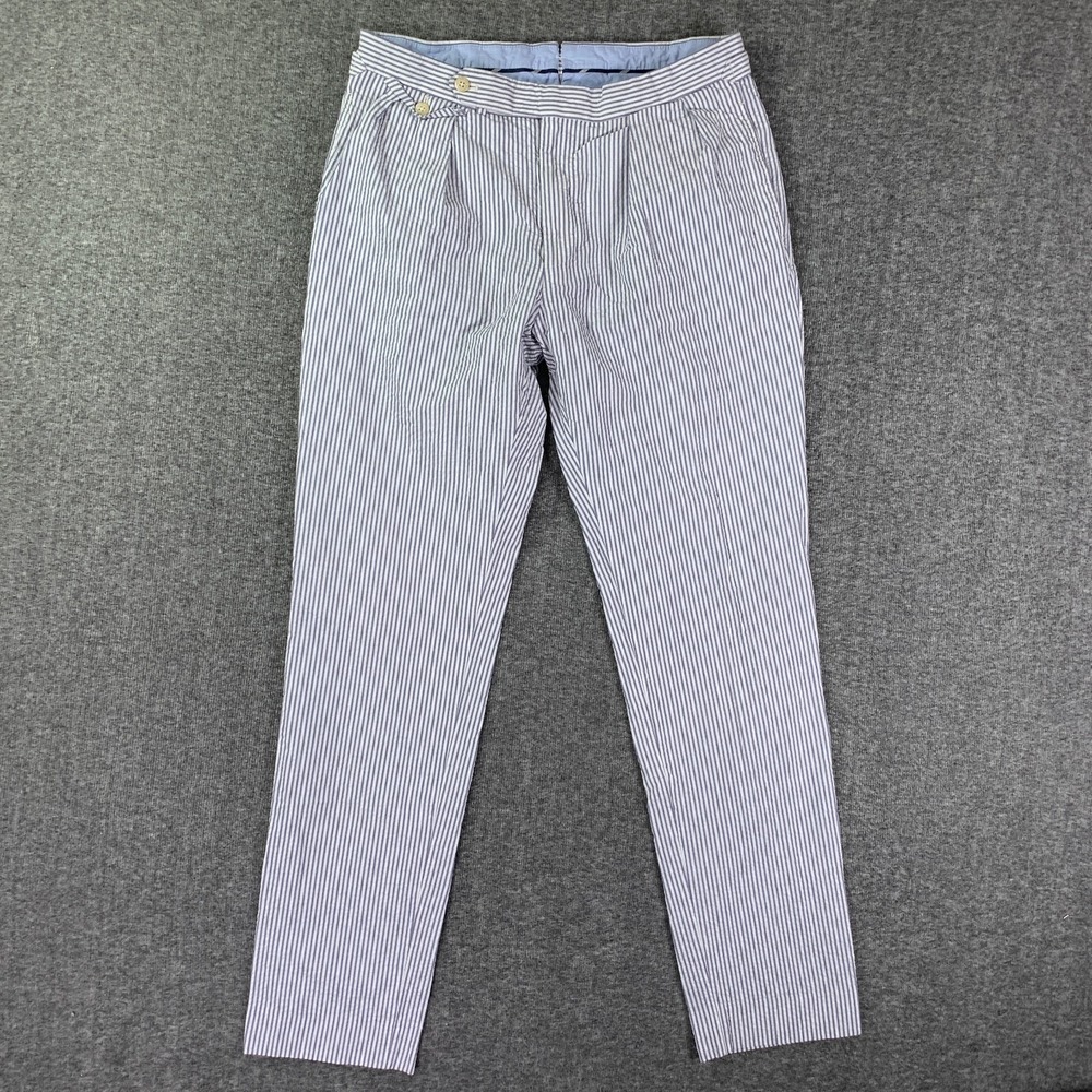 Polo Ralph Lauren Pleated Pants Men 32x32 Seersucker Blue Striped Old Money Luxe - Picture 2 of 12